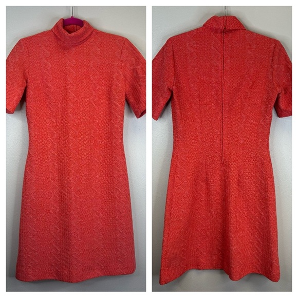 Dresses & Skirts - Vintage 60s 70s Mock Neck Orange/Red Dress Size S/M Womens Retro EUC Groovy